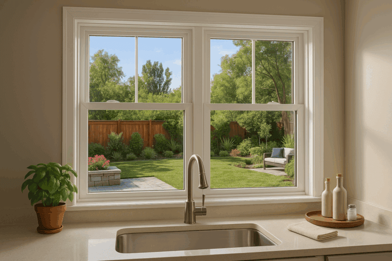 View from a modern kitchen window overlooking a beautifully landscaped backyard with lush greenery and patio seating